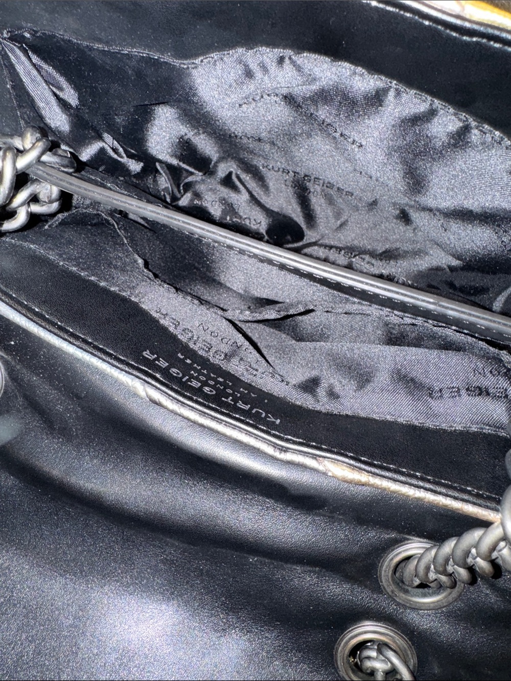 Kurt Geiger Bag Large Kensington Metallic Gold Silver Gray Stripe Shoulder Bag - Picture 16 of 17